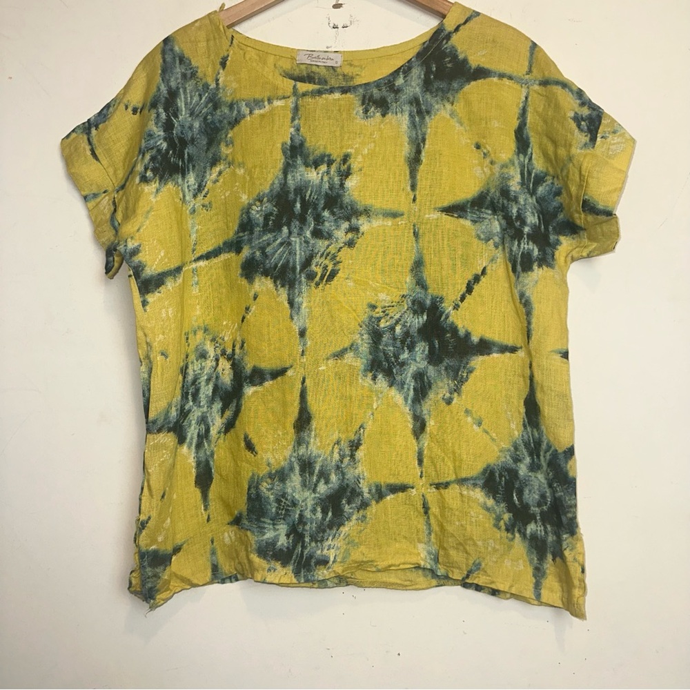 Bellambia Linen Short Sleeve Shirt Lagenlook Top Tie Dye Print Italy Size Small